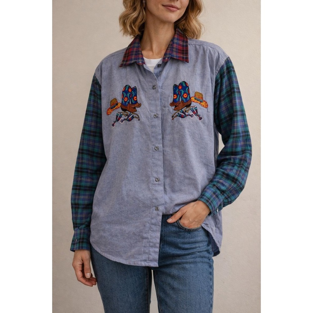 Vintage Casey Coleman Embroidered Western Denim Button Oversized Festival Rodeo